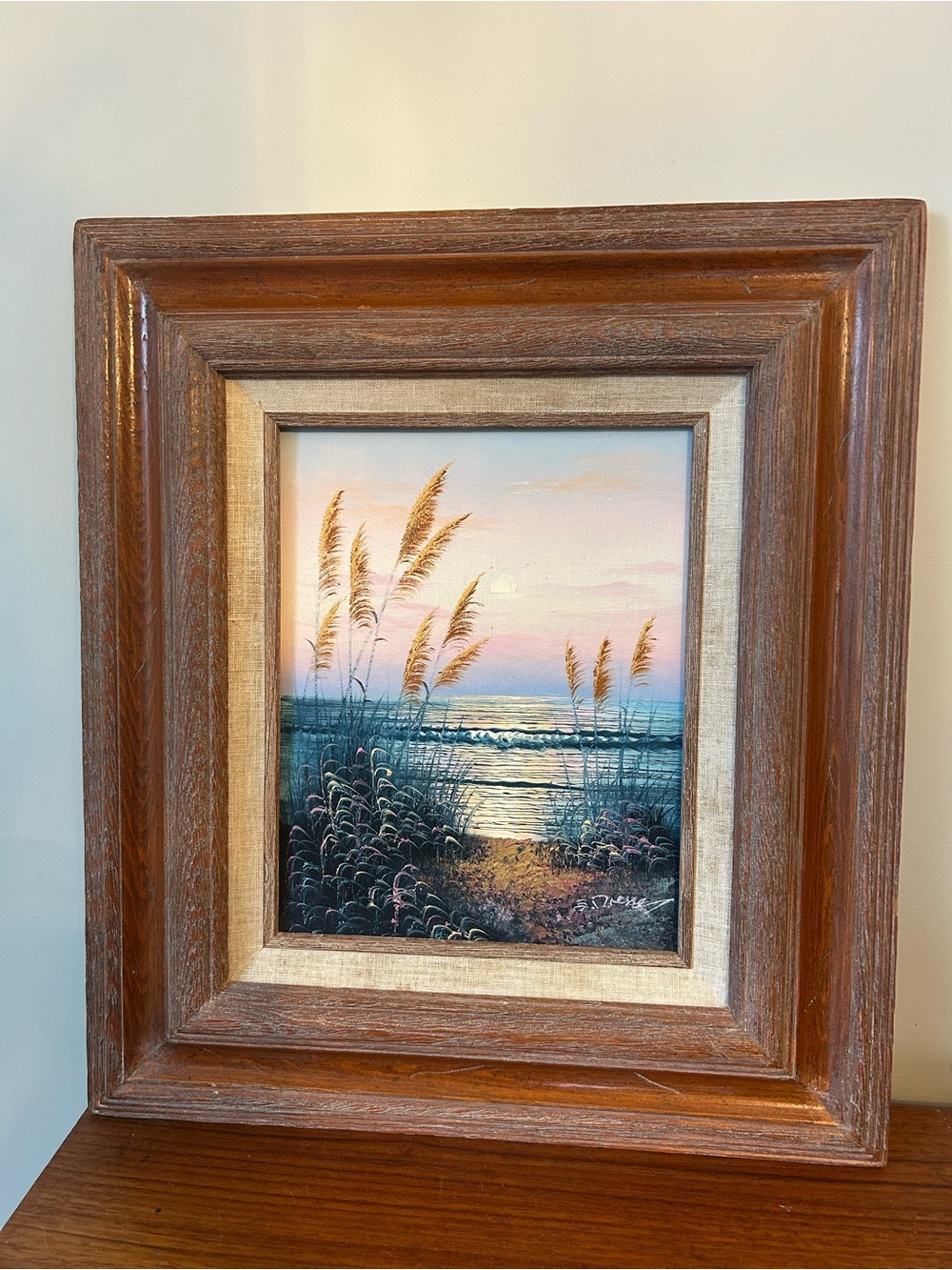 Original Coastal Sunset Seagrass Oil Painting Rustic Wood Frame Home Decor Art